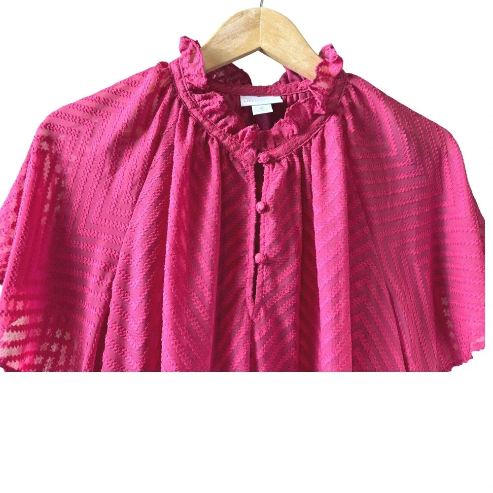 Liz Claiborne Fushia Chevron Ruffle Neck Flutter Sleeve Sheer Blouse XL - Picture 4 of 11